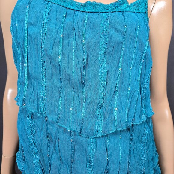 Y2K Blue Sequin Layered mesh Babydoll Top Sleeveless Camisole Size L Fairy Boho - Picture 4 of 11